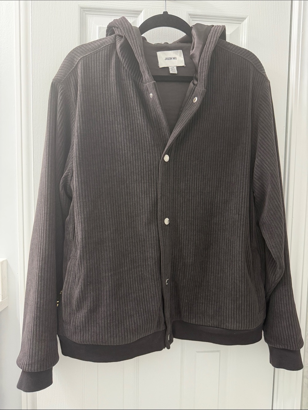 Jason Wu Dark Brown Ribbed Hooded Zip Bomber Jacket